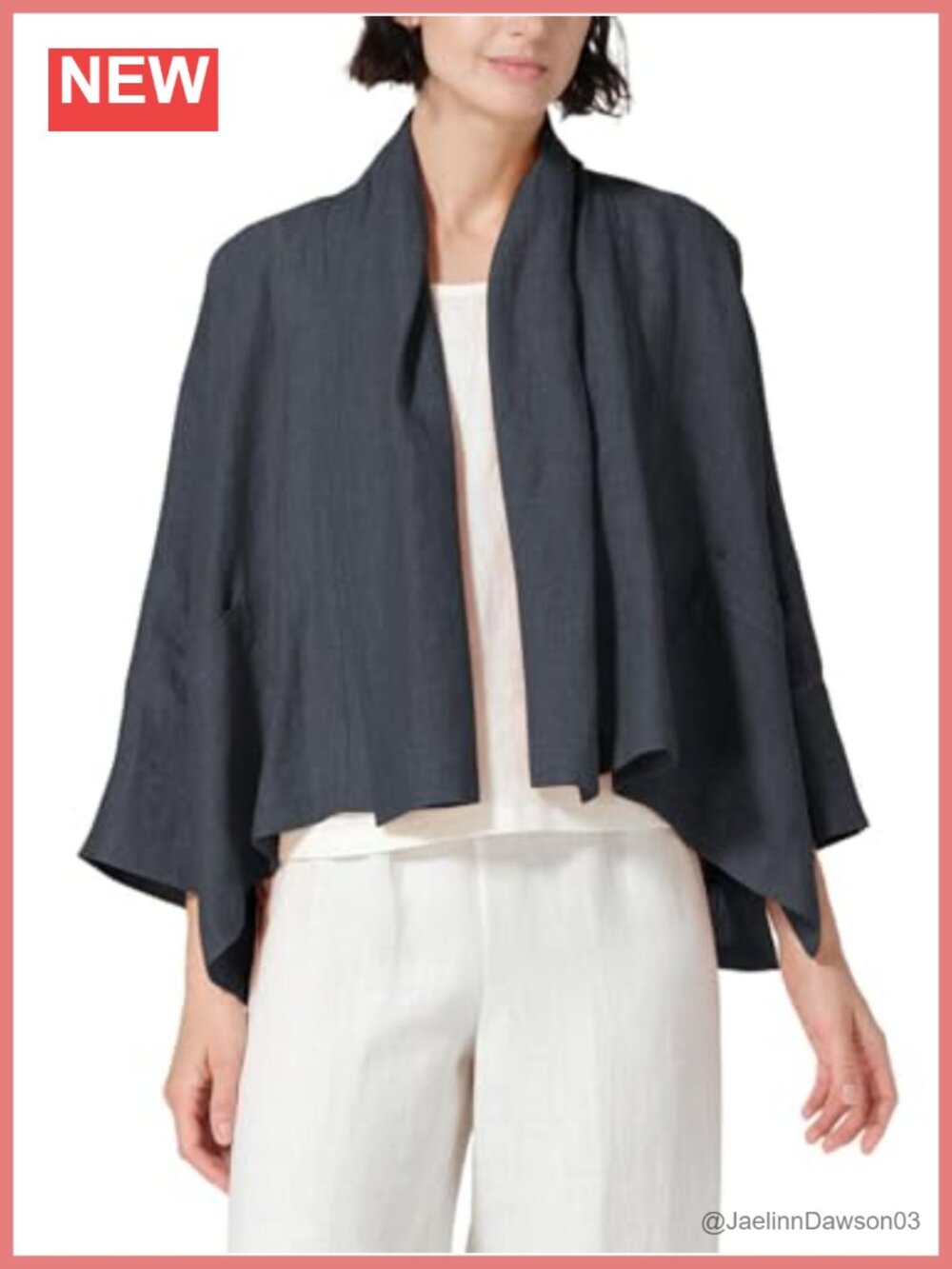 Linen Blend Lightweight 3/4 Sleeve Open Front Cardigan with Pockets